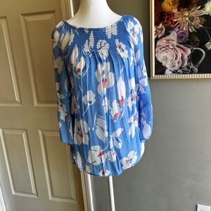 Boho Blouse, Sheer, White w/ Blue Floral, Women's Size Medium Peasant Beachy